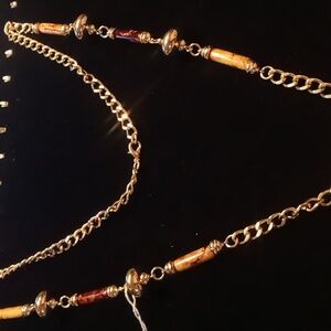 Vintage curb chain with faux long wood beaded and gold tone 36 inches long